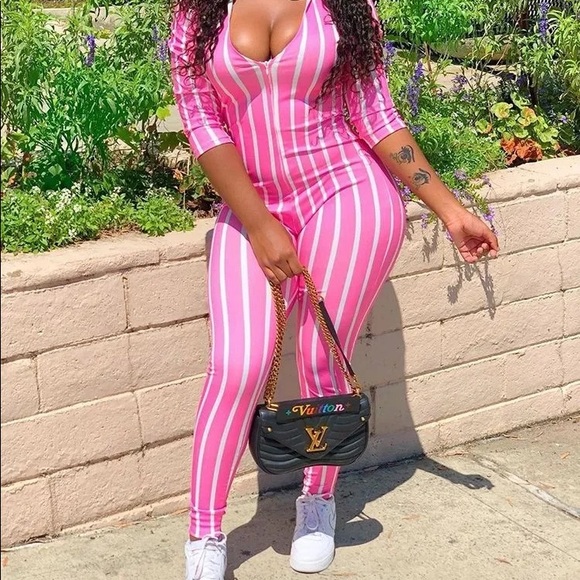 Pink Mid sleeve striped jumpsuit - Picture 2 of 2